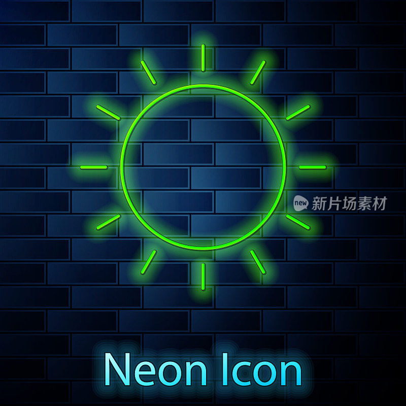Glowing neon line Sun icon isolated on brick wall background. Summer symbol. Good sunny day. Vector Illustration